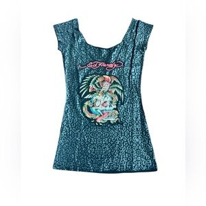 Ed Hardy Graphic Mini Dress Vintage Y2K Size Medium Leopard print